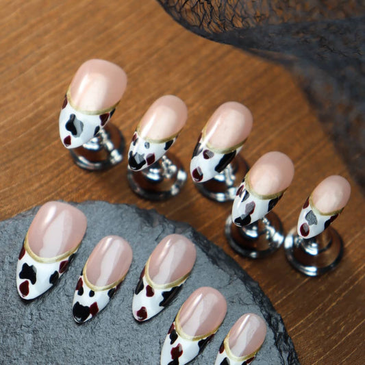 Maillard Cow Pattern French Point Handmade Almond Press on Nails A1179