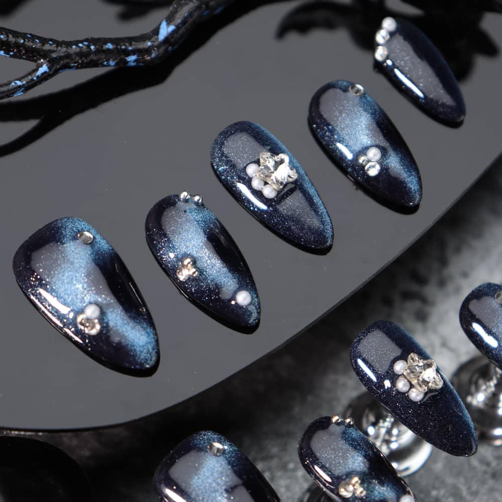Dark Blue Cat Eye Handmade Almond Press On Nails A1096