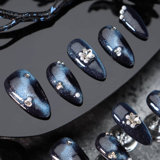 Dark Blue Cat Eye Handmade Almond Press On Nails A1096