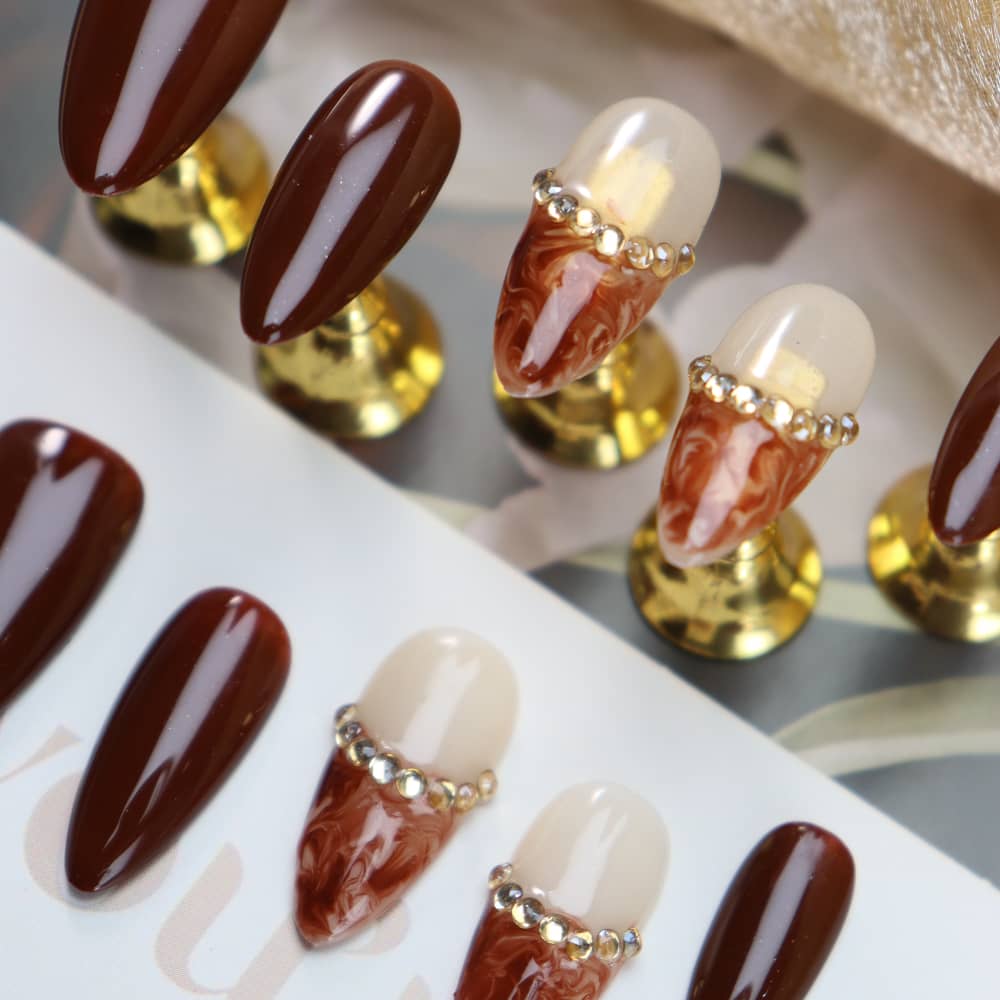 Baguette Maillard French Tip Handmade Almond Press On Nails A1121