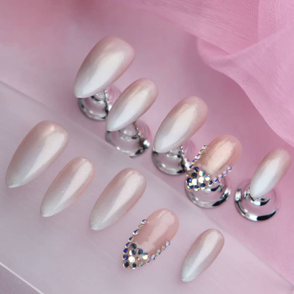 Cherry blossoms Rhinestones Clean French Handmade Almond Press On Nails A1175