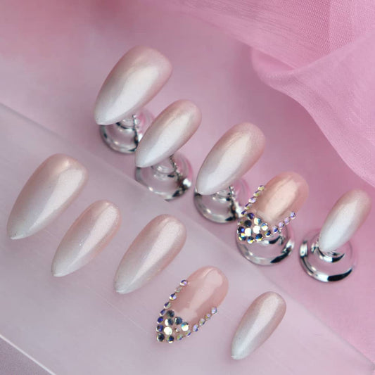 Cherry blossoms Rhinestones Clean French Handmade Almond Press On Nails A1175