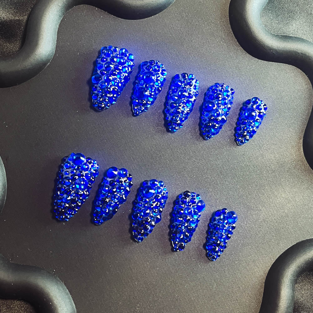 Klein Blue Rhinestones Handmade Almond  Nails XZ1023 - NoirNail