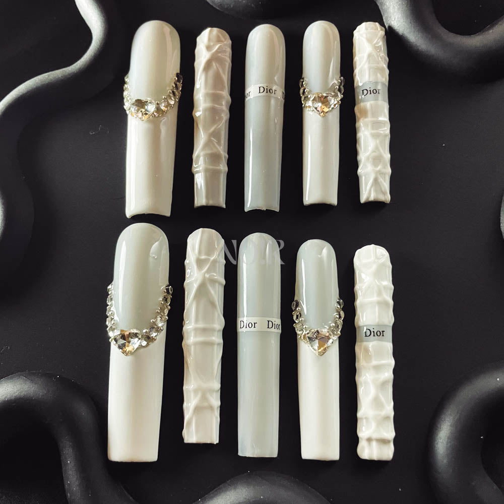 White Sweater  Rhinestone Handmade  Square  Nails OM1058 - NoirNail