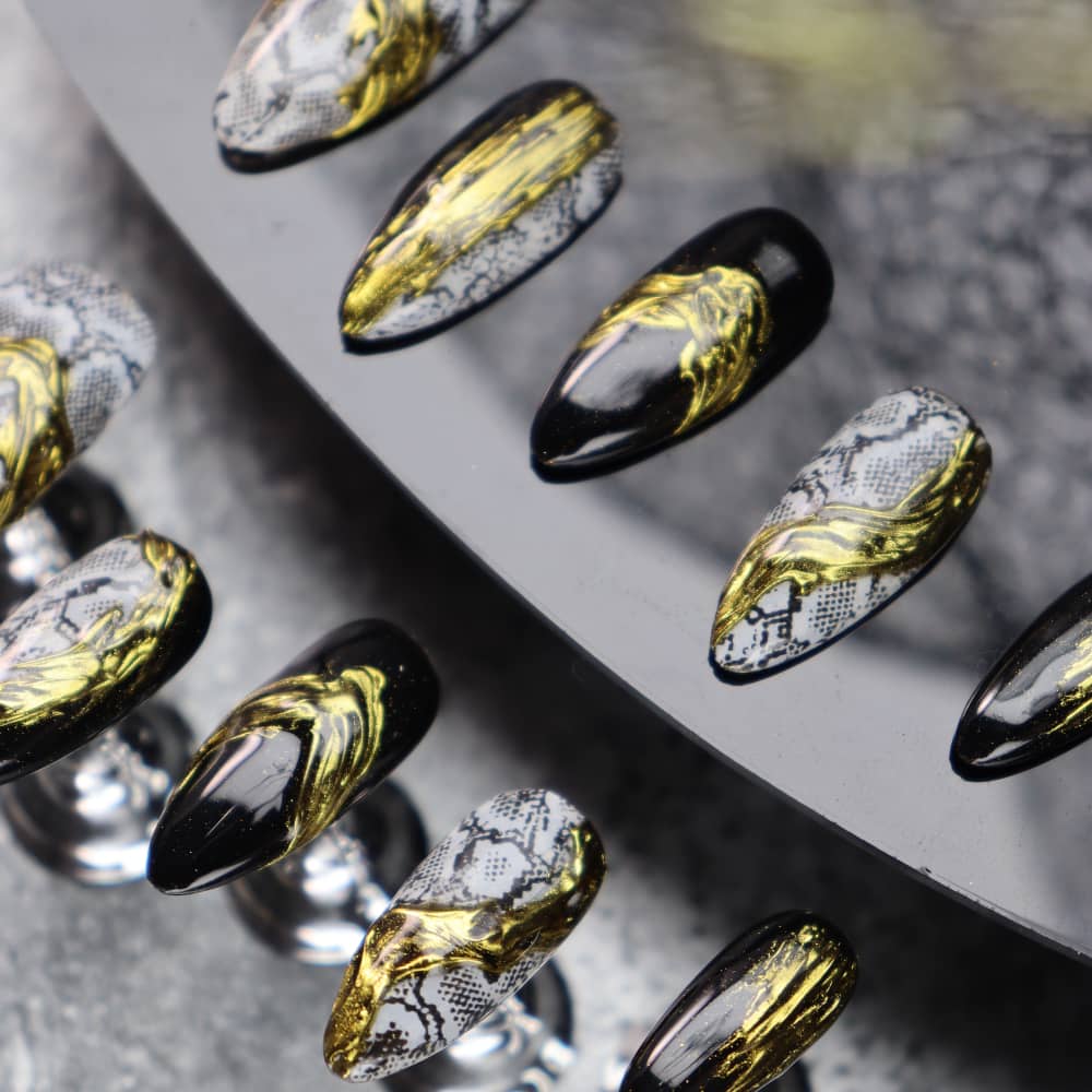 Gilded Python Pattern Handmade Almond Press on Nails A1151