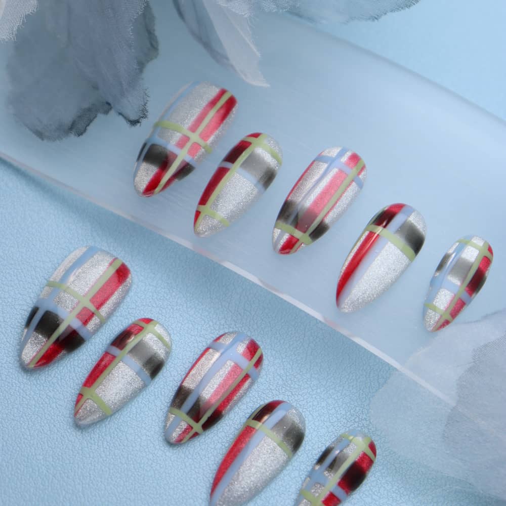 Miss CoCo Plaid Skirt Handmade Almond Press On Nails A1152