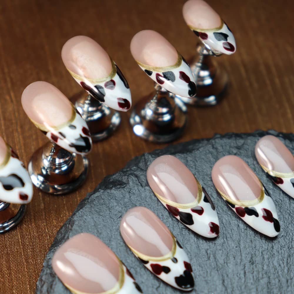 Maillard Cow Pattern French Point Handmade Almond Press on Nails A1179