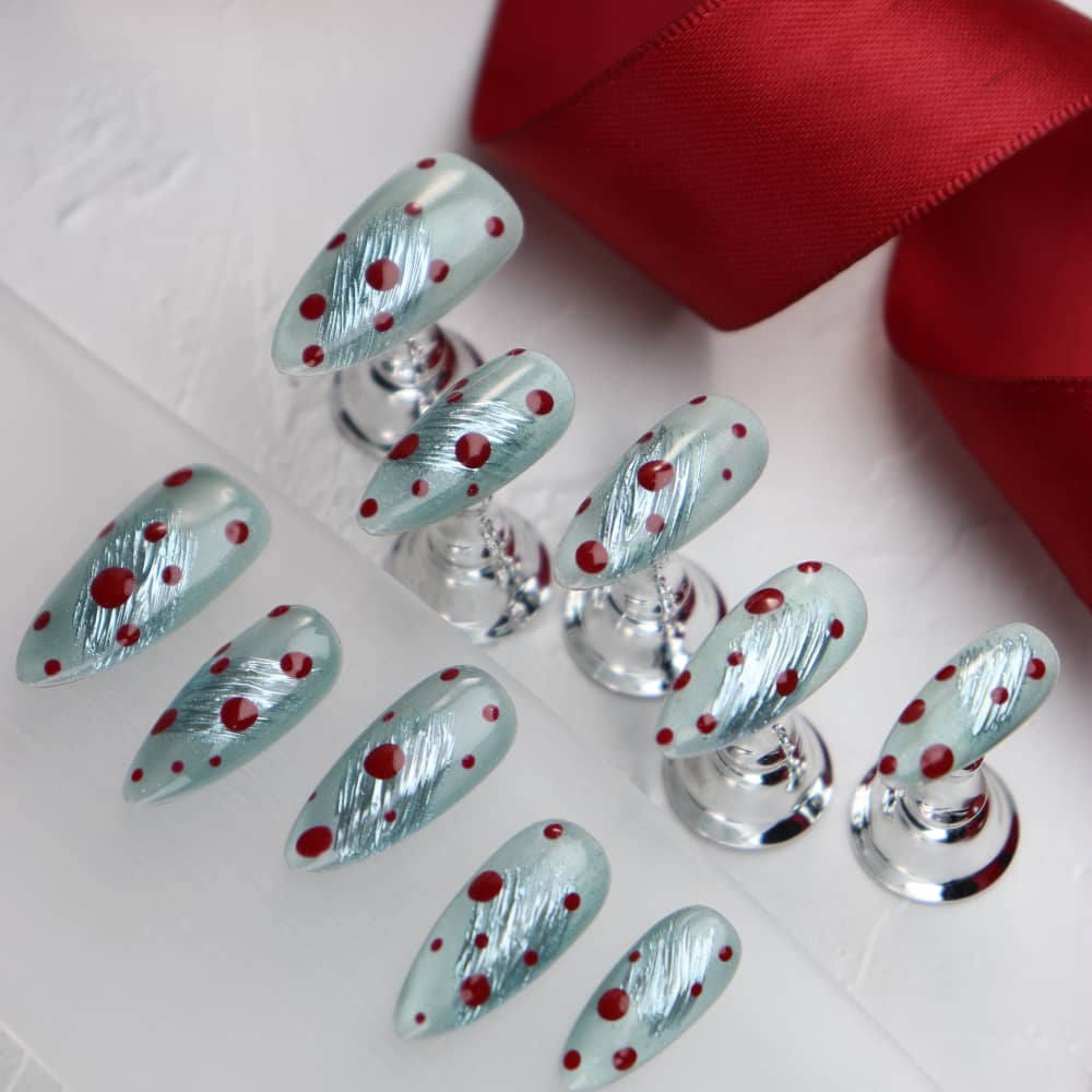 Fresh Mint Polka Dot Skirt Handmade Almond Press on Nails A1211