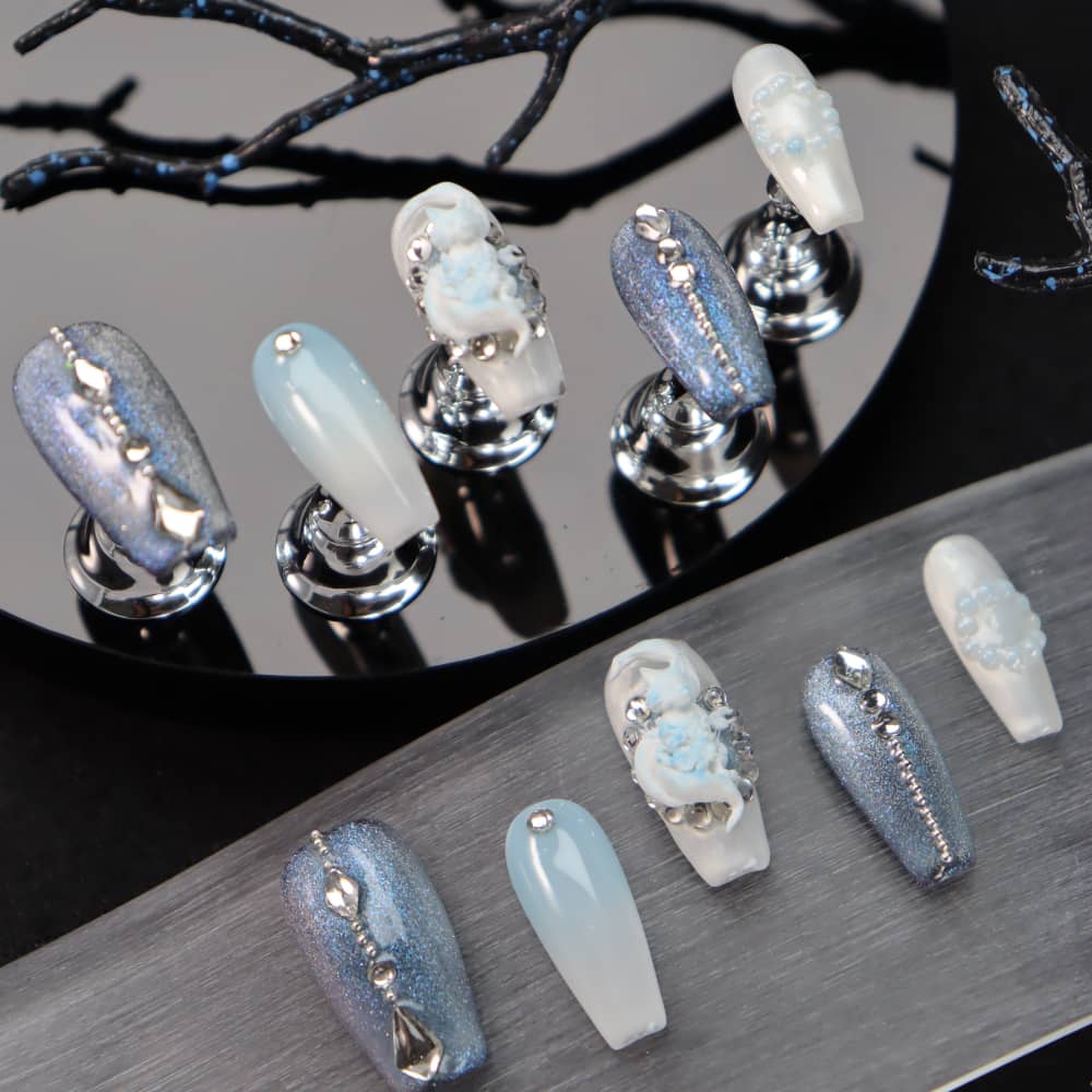 Ancient Tree White Fox Handmade Almond Press On Nails A1087