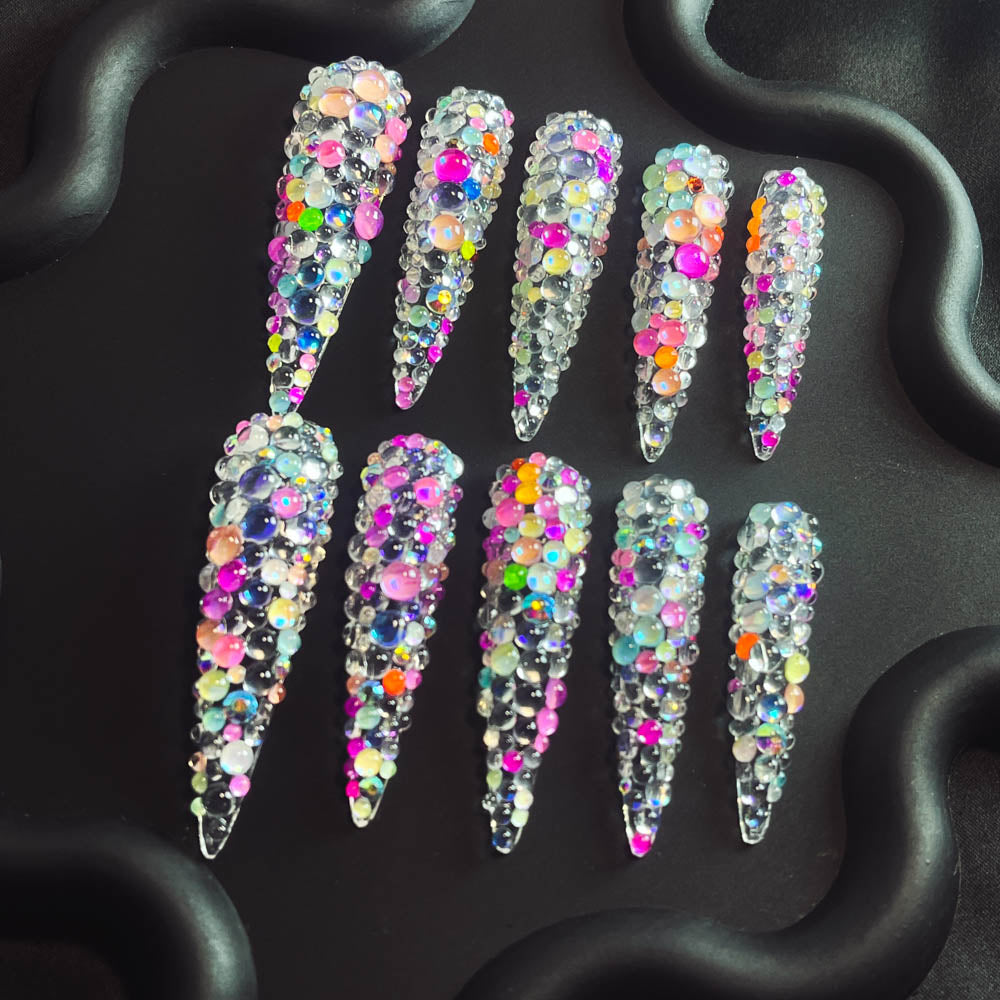 Silver Popping Candy Rhinestone Handmade Stiletto  Nails MM1001 - NoirNail