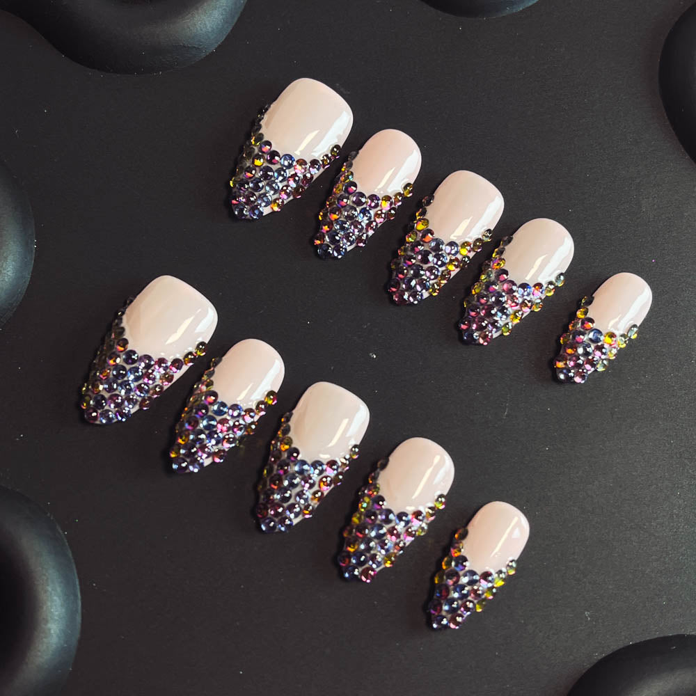 Black Rhinestones French tip Handmade Almond  Nails XZ1015 - NoirNail