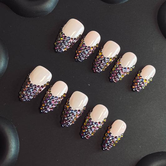 Black Rhinestones French tip Handmade Almond  Nails XZ1015 - NoirNail