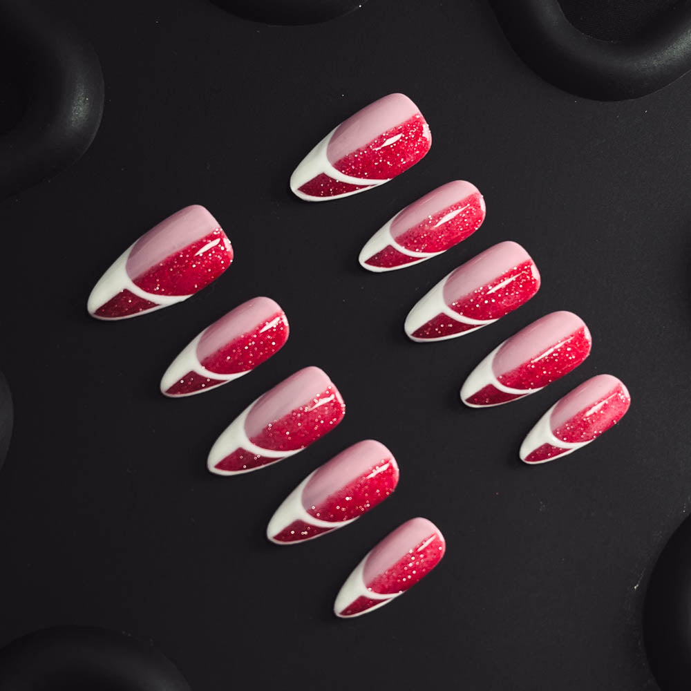 Burgundy French Tip Handmade Almond  Nails X1117 - NoirNail