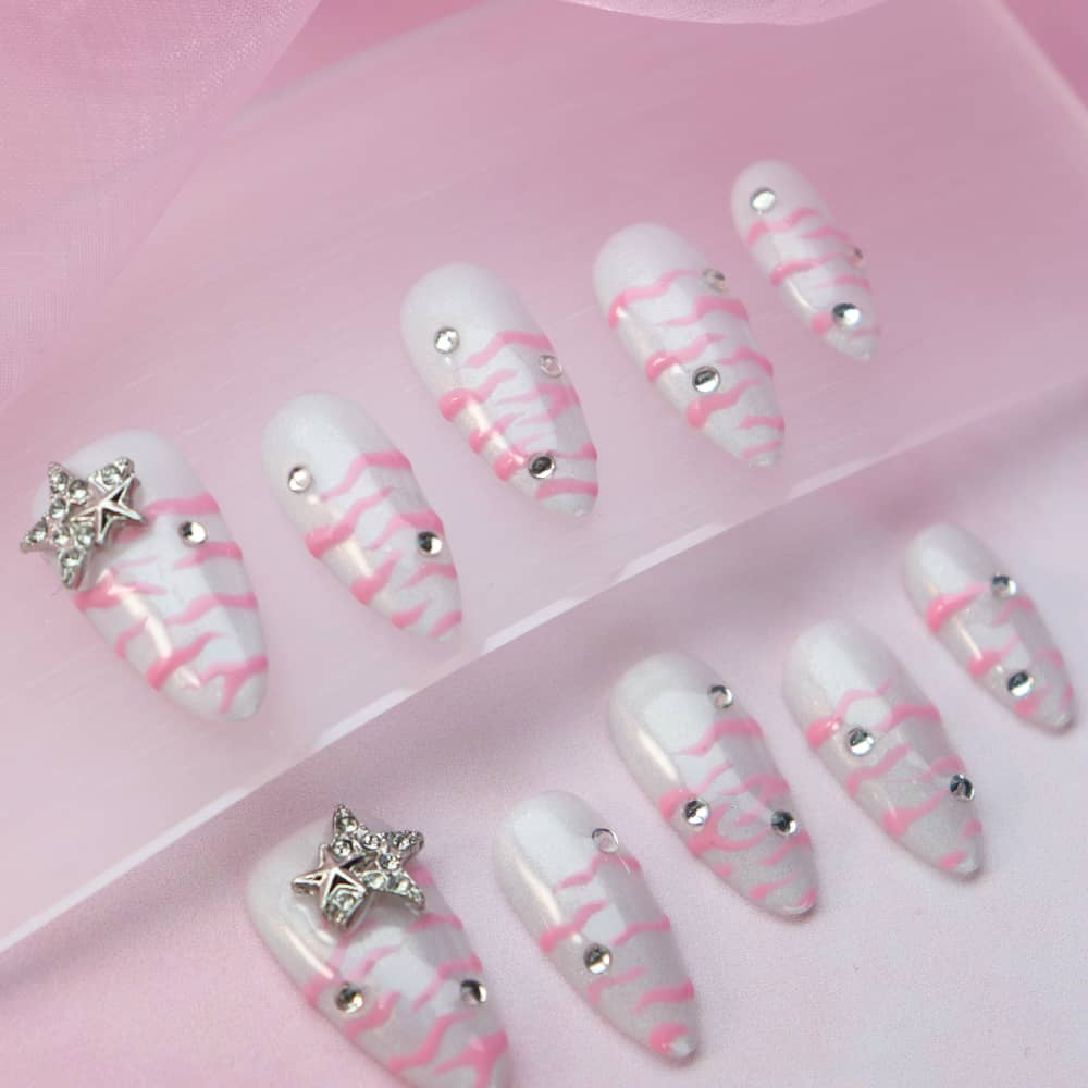 Hollow Star Zebra Pattern Handmade Almond Press on Nails A1205