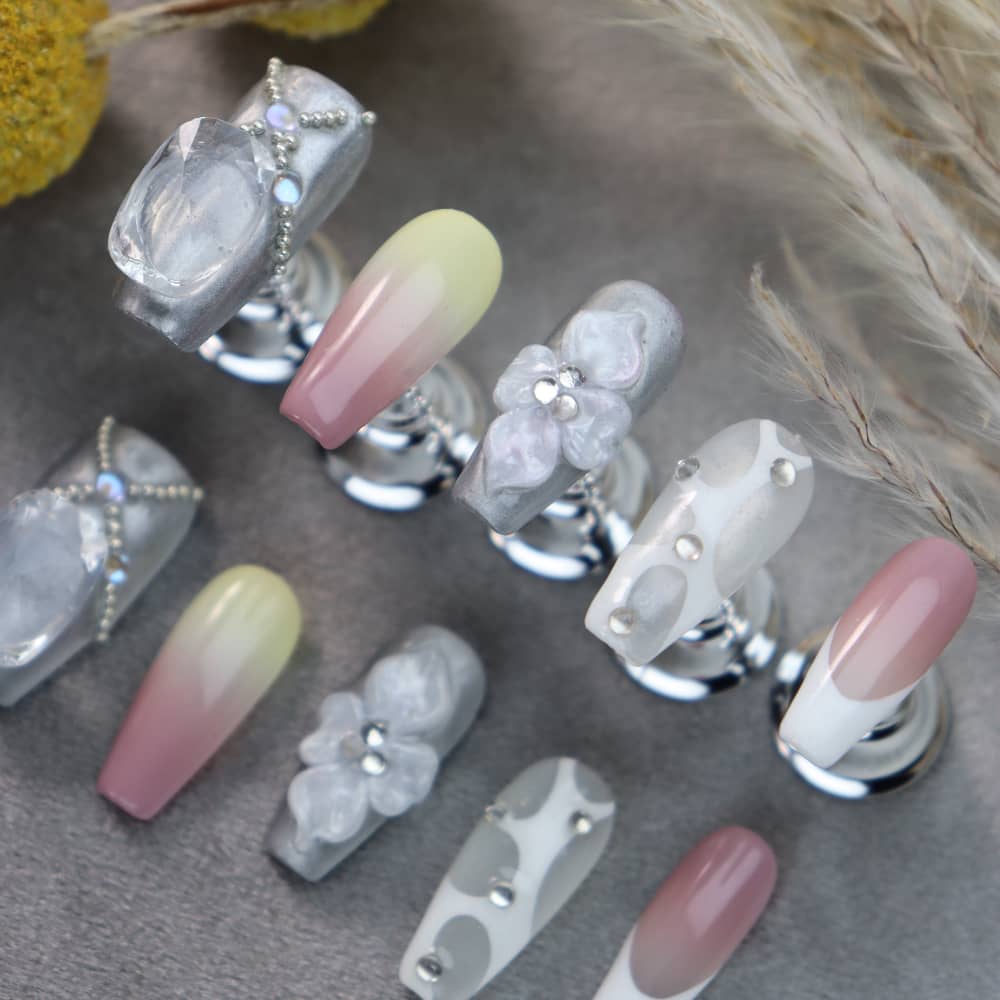 Happy wedding Rhinestones Handmade Coffin Press On Nails A1082