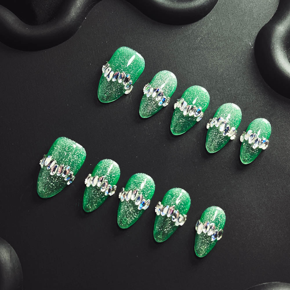 Green Crystal Shoes Handmade Almond  Nails X1121 - NoirNail