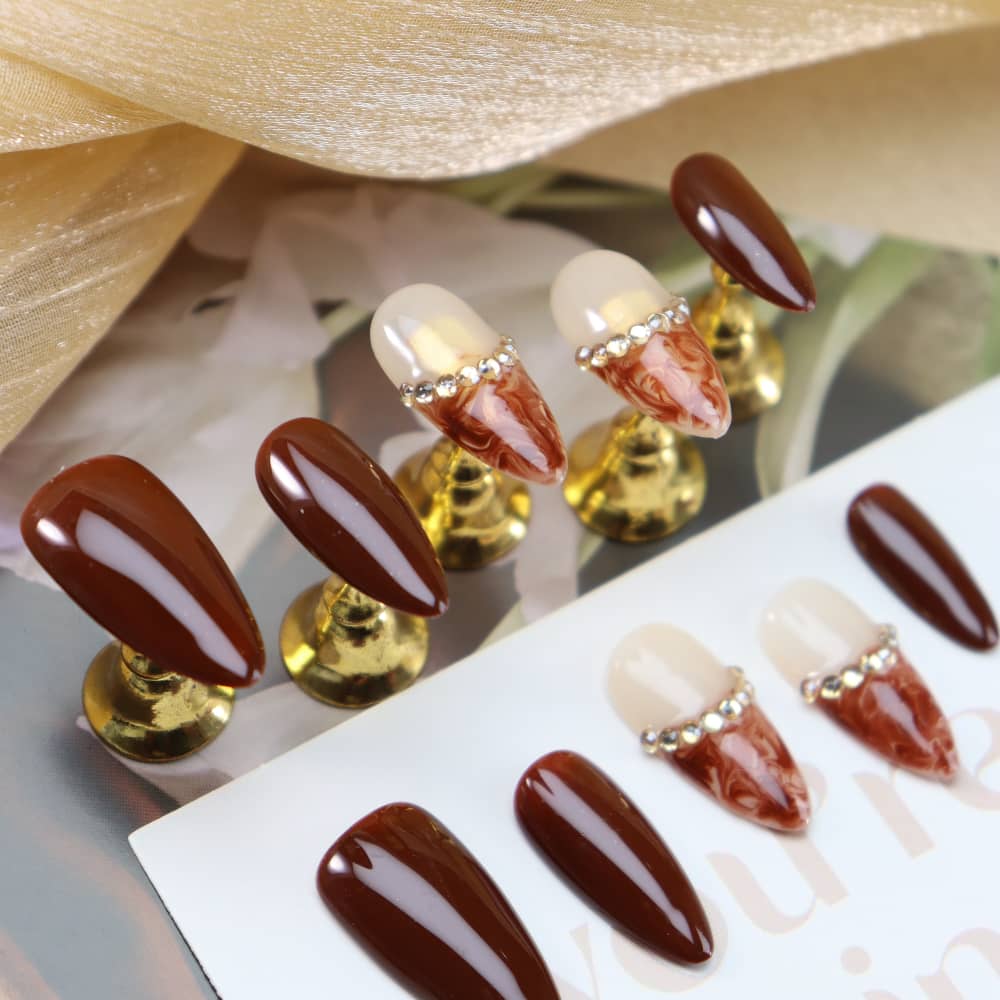 Baguette Maillard French Tip Handmade Almond Press On Nails A1121