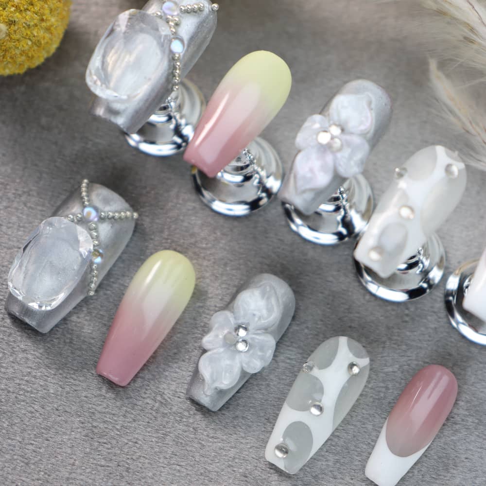 Happy wedding Rhinestones Handmade Coffin Press On Nails A1082