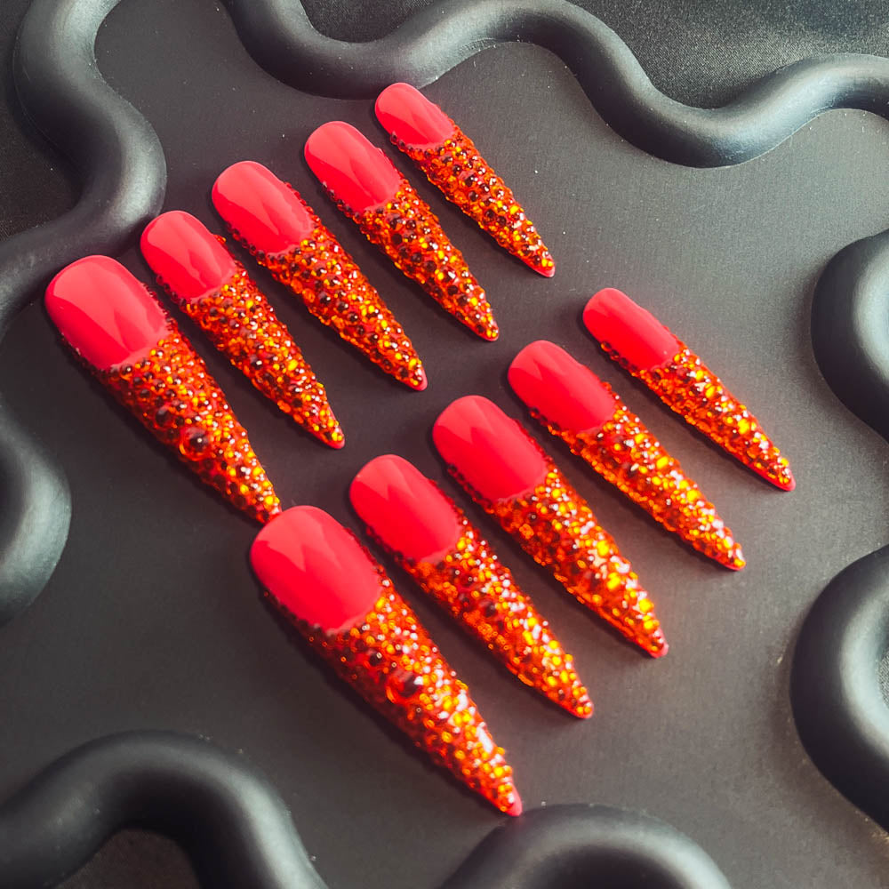 Orange Liqueur Rhinestone Handmade Stiletto  Nails MM1004 - NoirNail