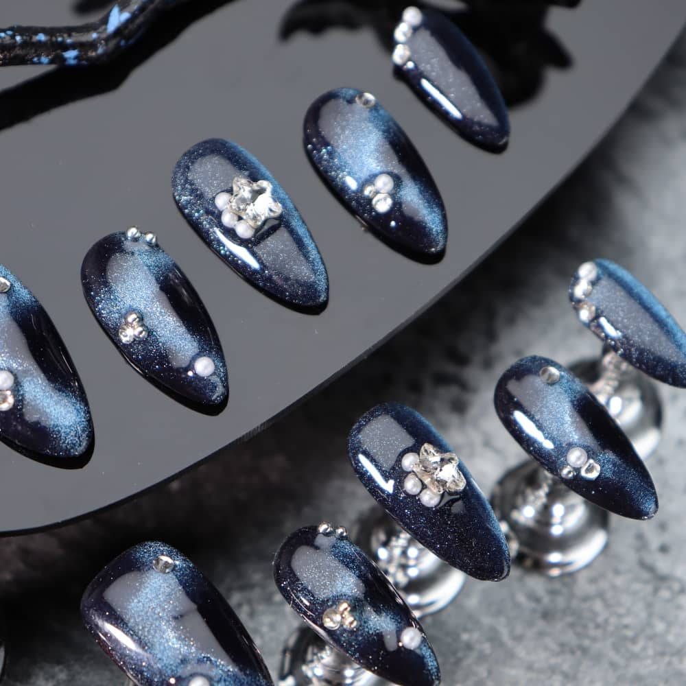Dark Blue Cat Eye Handmade Almond Press On Nails A1096