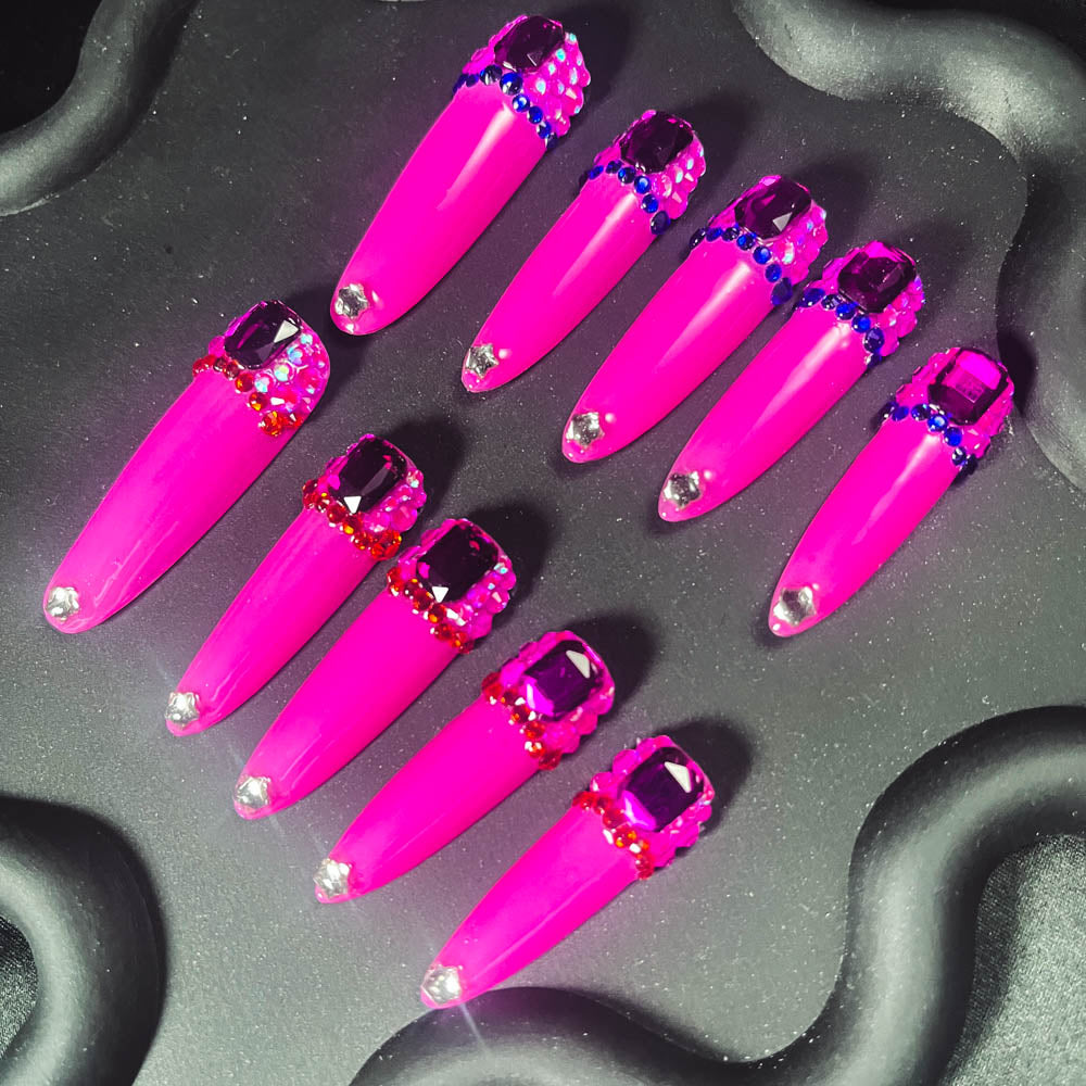 Pink Universe Rhinestone Handmade  Stiletto Nails OM1186 - NoirNail
