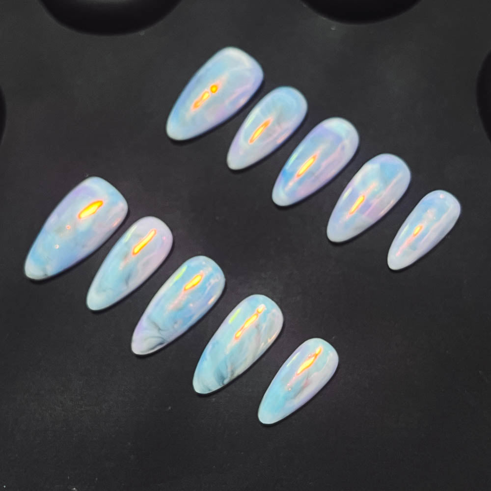 Blue Aurora Marble Handmade Almond  Nails X1002 - NoirNail