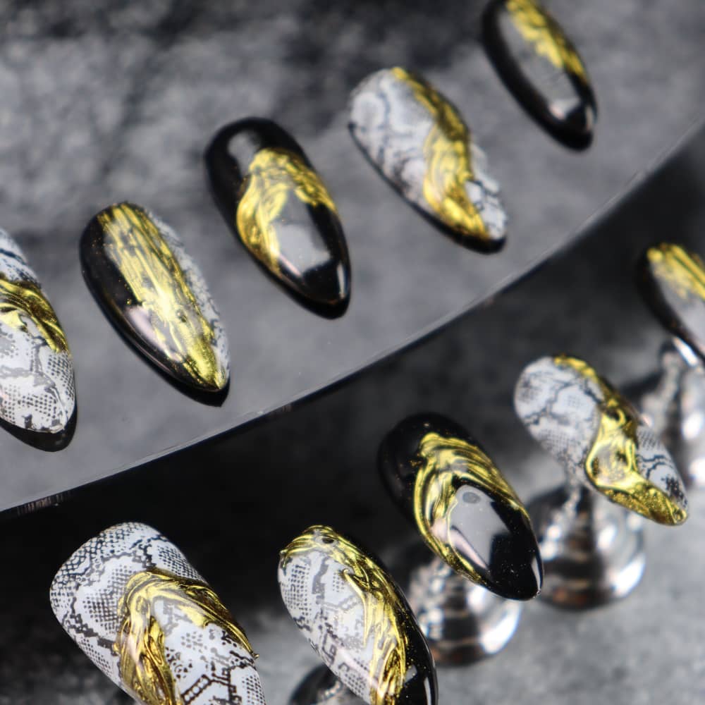 Gilded Python Pattern Handmade Almond Press on Nails A1151