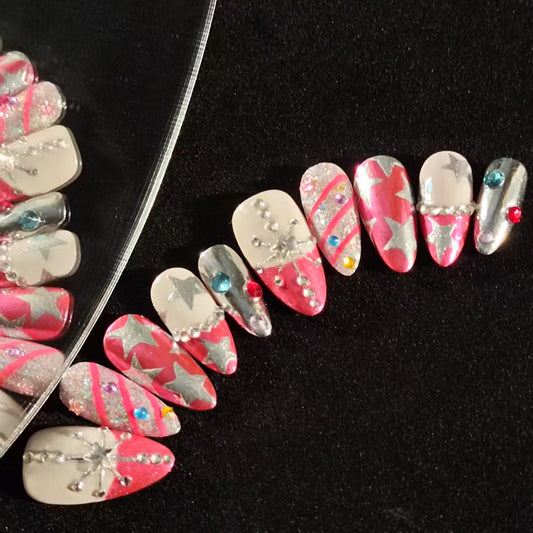 Pink Striped Stars Handmade Almond Press on Nails