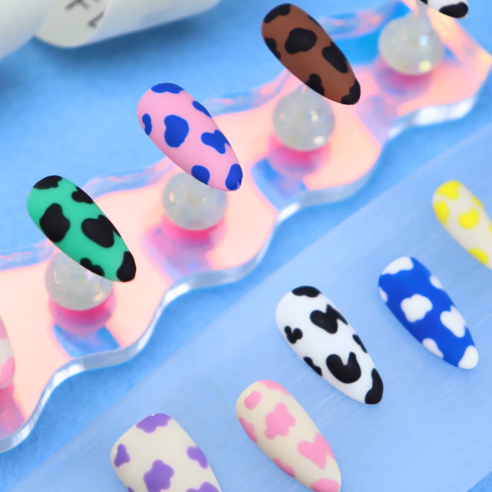 Dopamine Cow pattern Handmade Almond Press On Nails A611