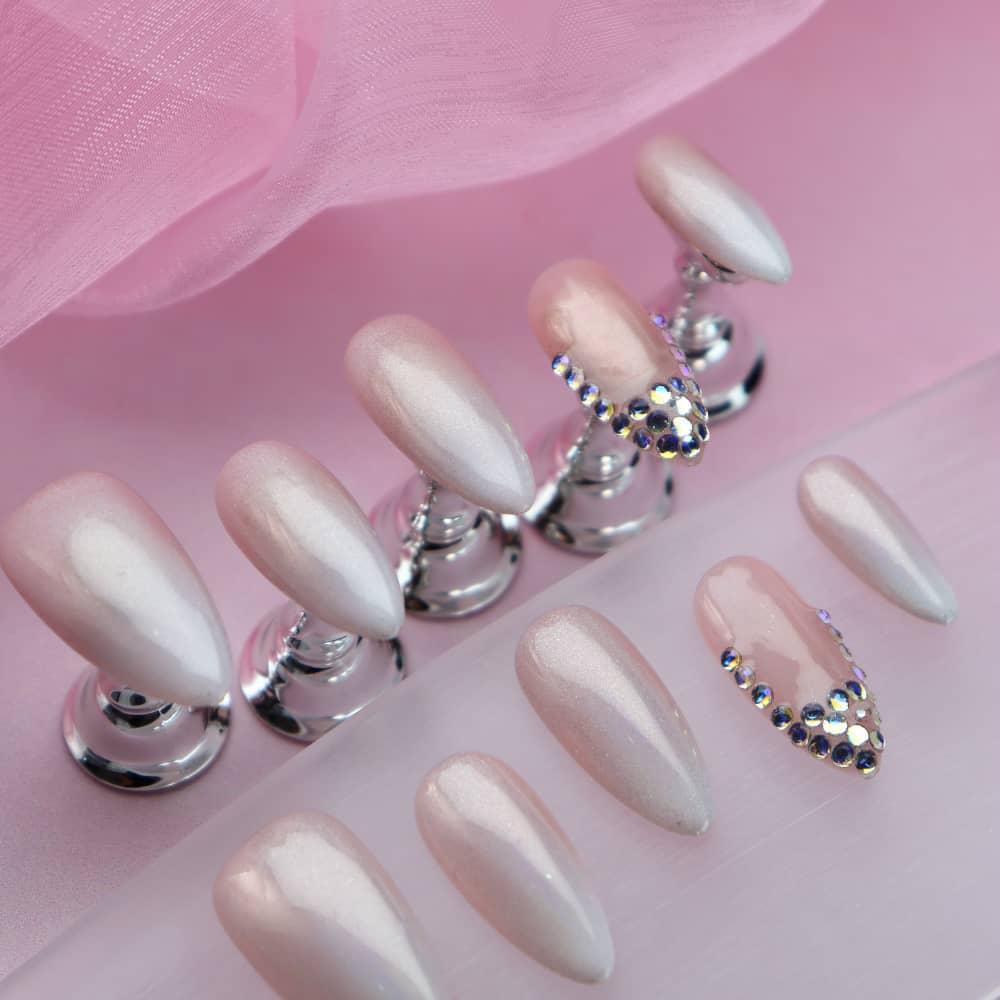 Cherry blossoms Rhinestones Clean French Handmade Almond Press On Nails A1175