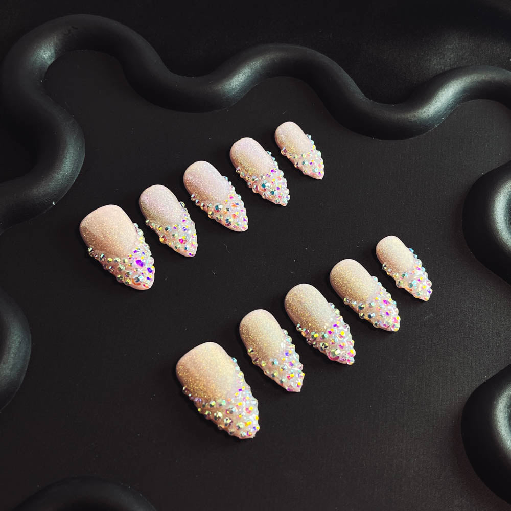 Aurora Rhinestone French Tip Handmade Almond  Nails XZ1009 - NoirNail