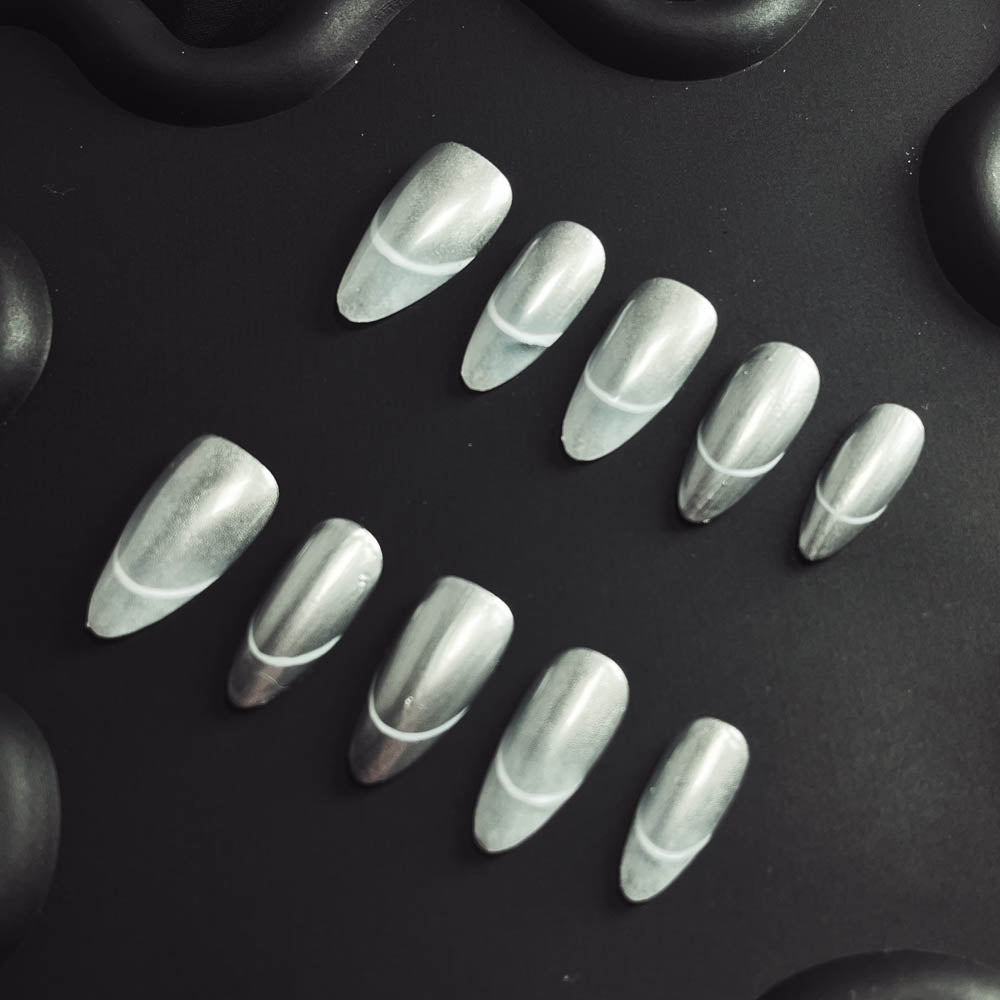 Silver French Tip Handmade Almond  Nails X1122 - NoirNail