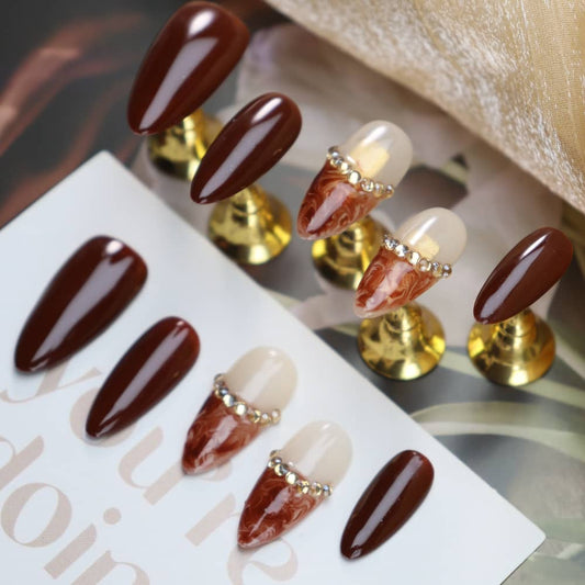 Baguette Maillard French Tip Handmade Almond Press On Nails A1121