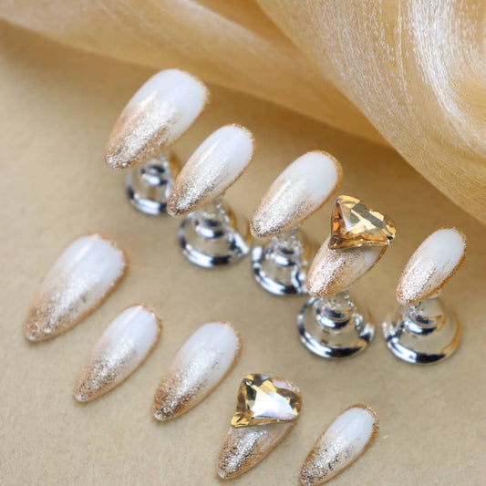 Champagne Party Rhinestones Handmade Almond Press On Nails A1178
