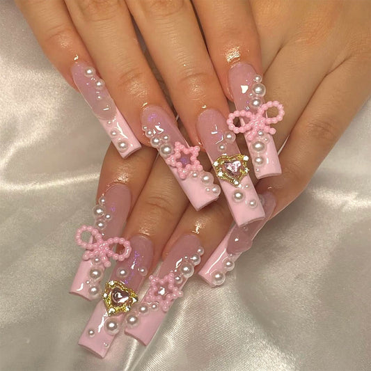 Pearl Bow Wearable Armor Extra Long Square Press On Nails - NoirNail