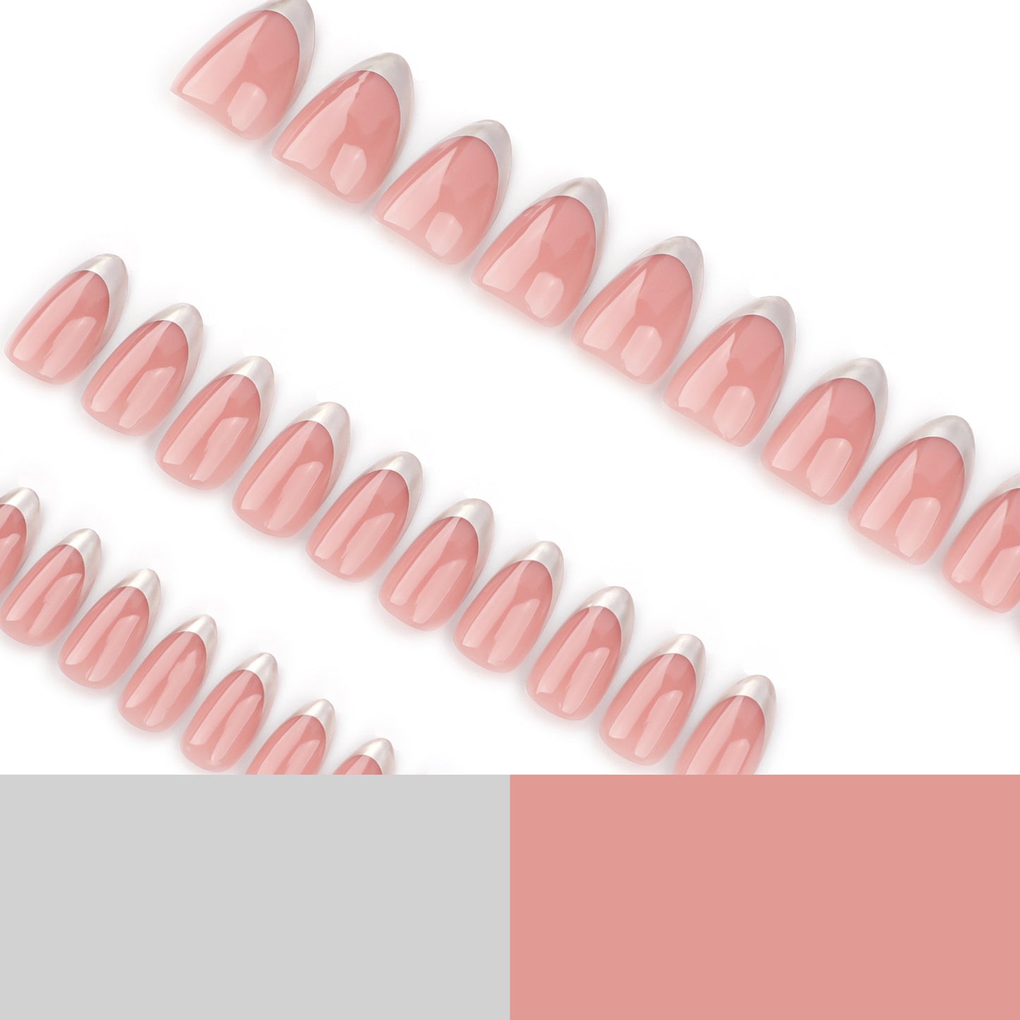 Silver Classic French Tip Almond 24PCS Free Size Press on Nails JP3583