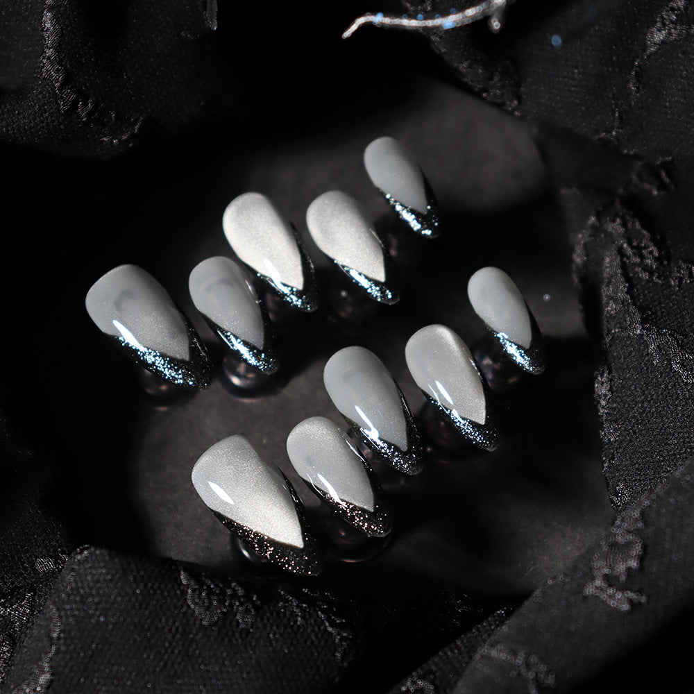 Black Swan French Tip Handmade Almond Press On Nails  A545