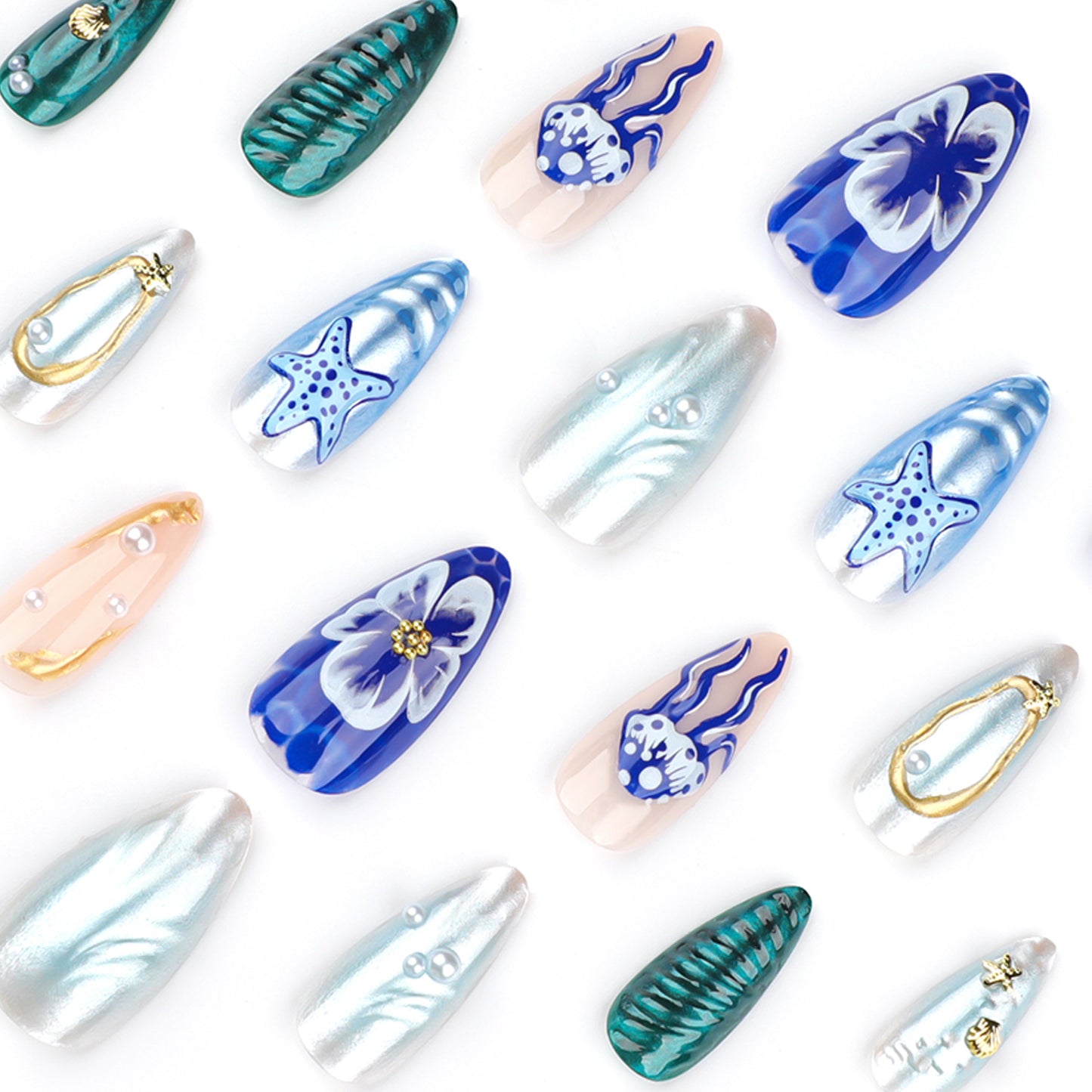 3D Marine Life Almond 24PCS Free Size Press on Nails JP3646