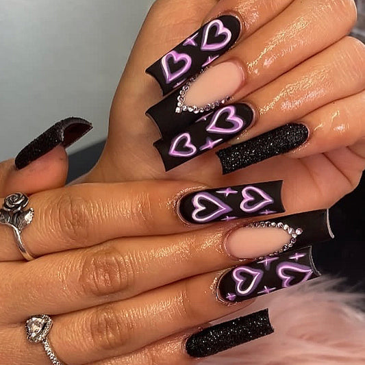 Pressons Black Heart Print Extra Long Duckbill Press On Nails - NoirNail