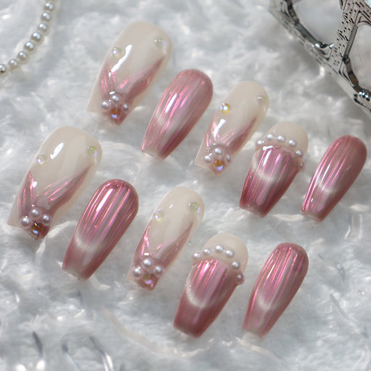 Peach Freshwater Pearl French Tip Handmade Coffin  Nails A402 - NoirNail