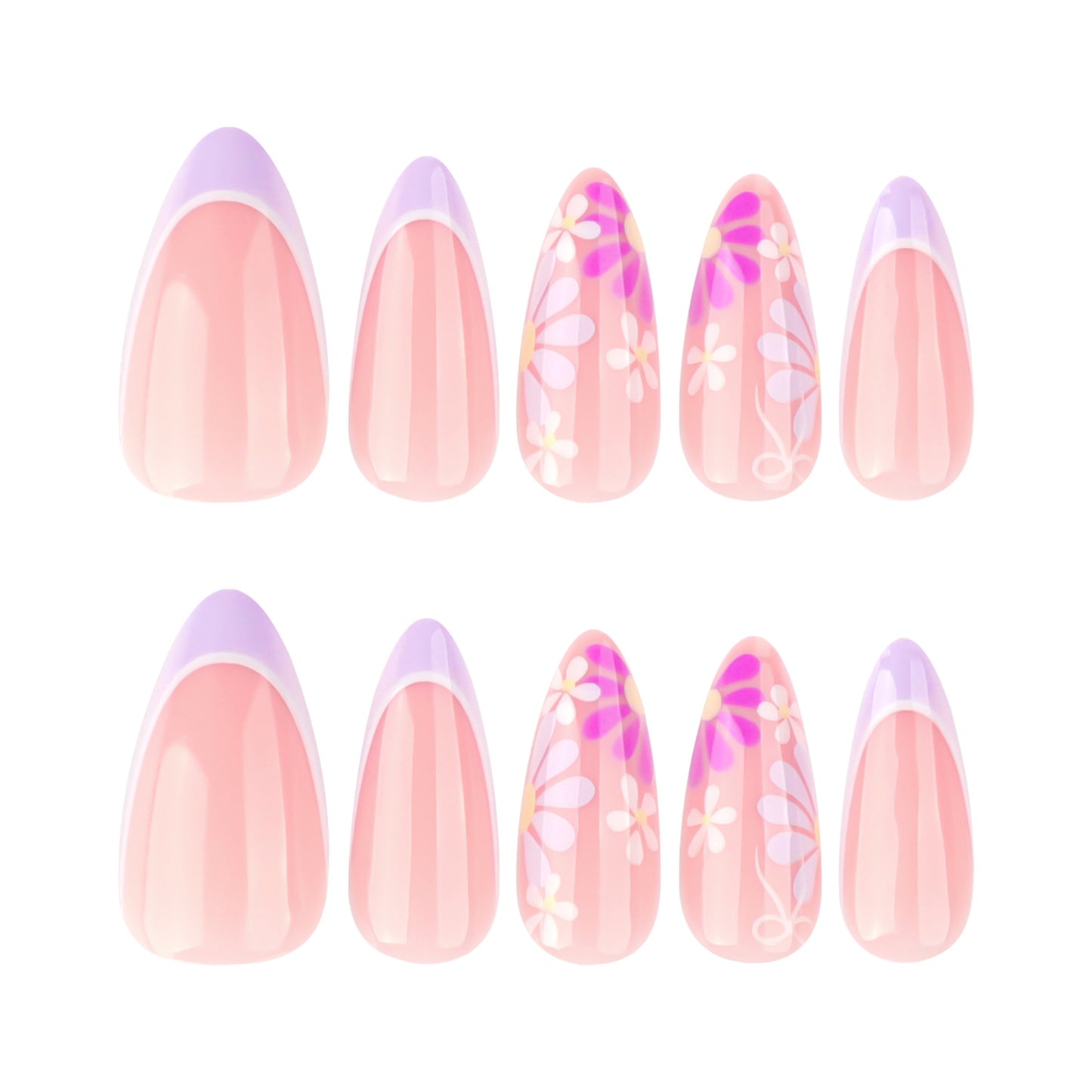 Purple Flowers Almond 24PCS Free Size Press on Nails  JP3793