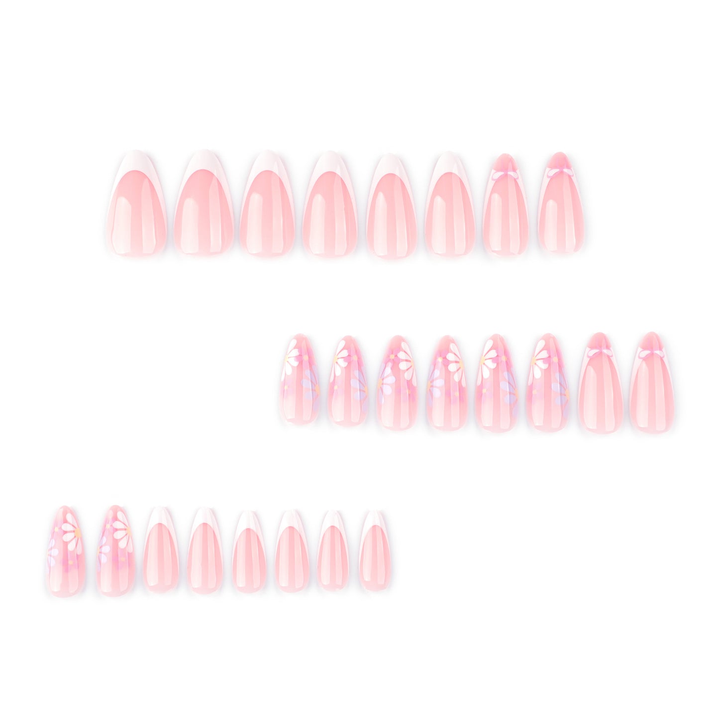 White Flowers Almond 24PCS Free Size Press on Nails JP3795