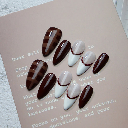 Brown classic French Tip Handmade Almond  Nails  A673 - NoirNail