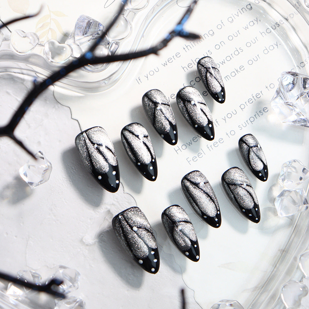 Butterfly Cat's Eye Y2K French Tip Handmade Almond  Nails  A661 - NoirNail
