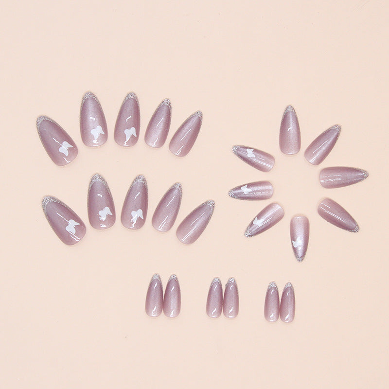 Ice Butterfly French Tip Almond 24PCS Free Size Press on Nails W1547
