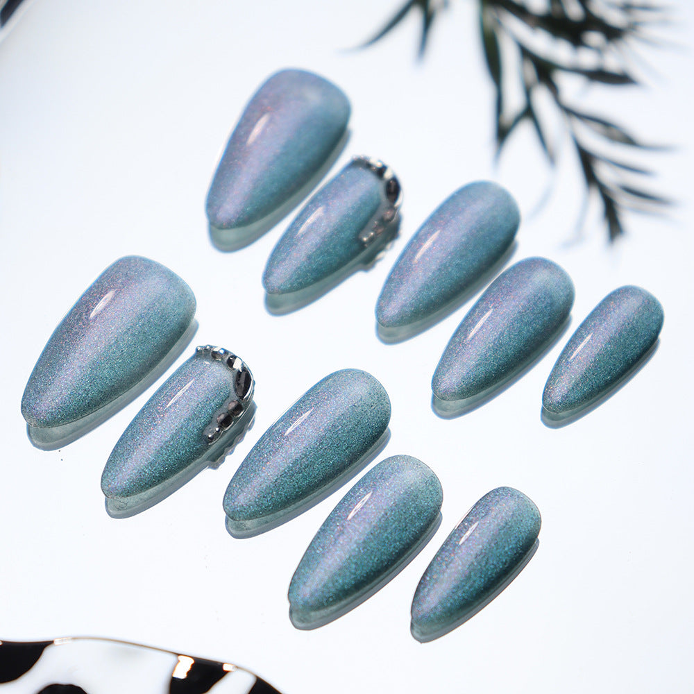 Moonstone Rhinestones  Handmade Almond  Nails A268 - NoirNail