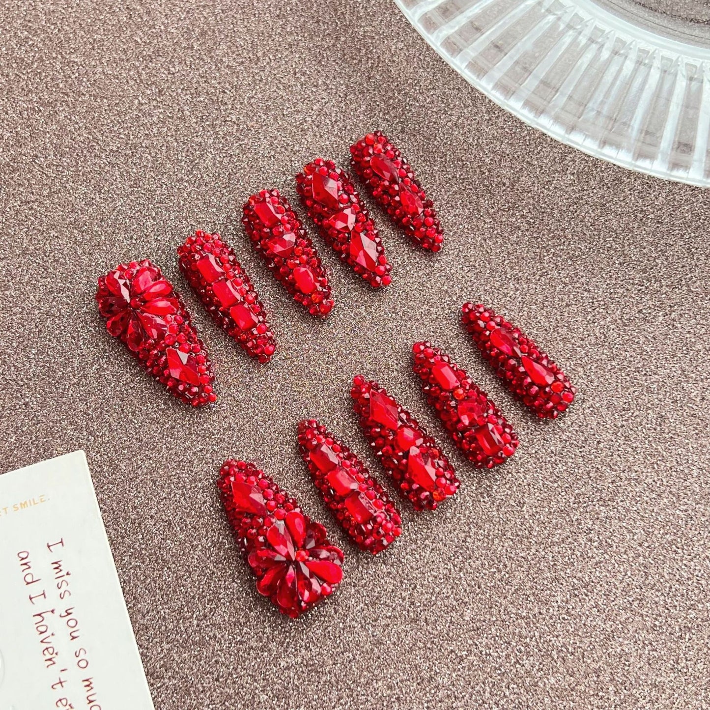 Red Hot Rhinestones  Handmade Almond  Nails - NoirNail