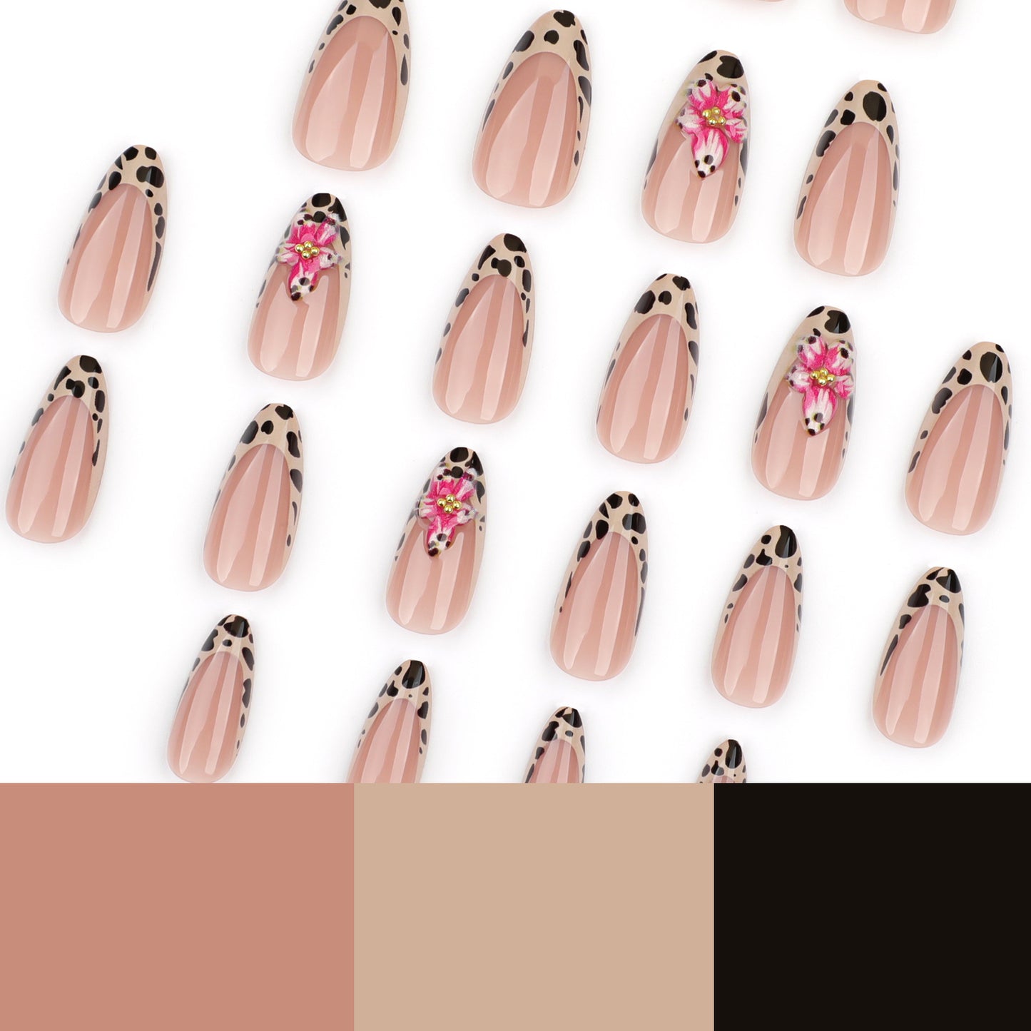 Leopard Flower French Tip Almond 24PCS Free Size Press on Nails JP3567