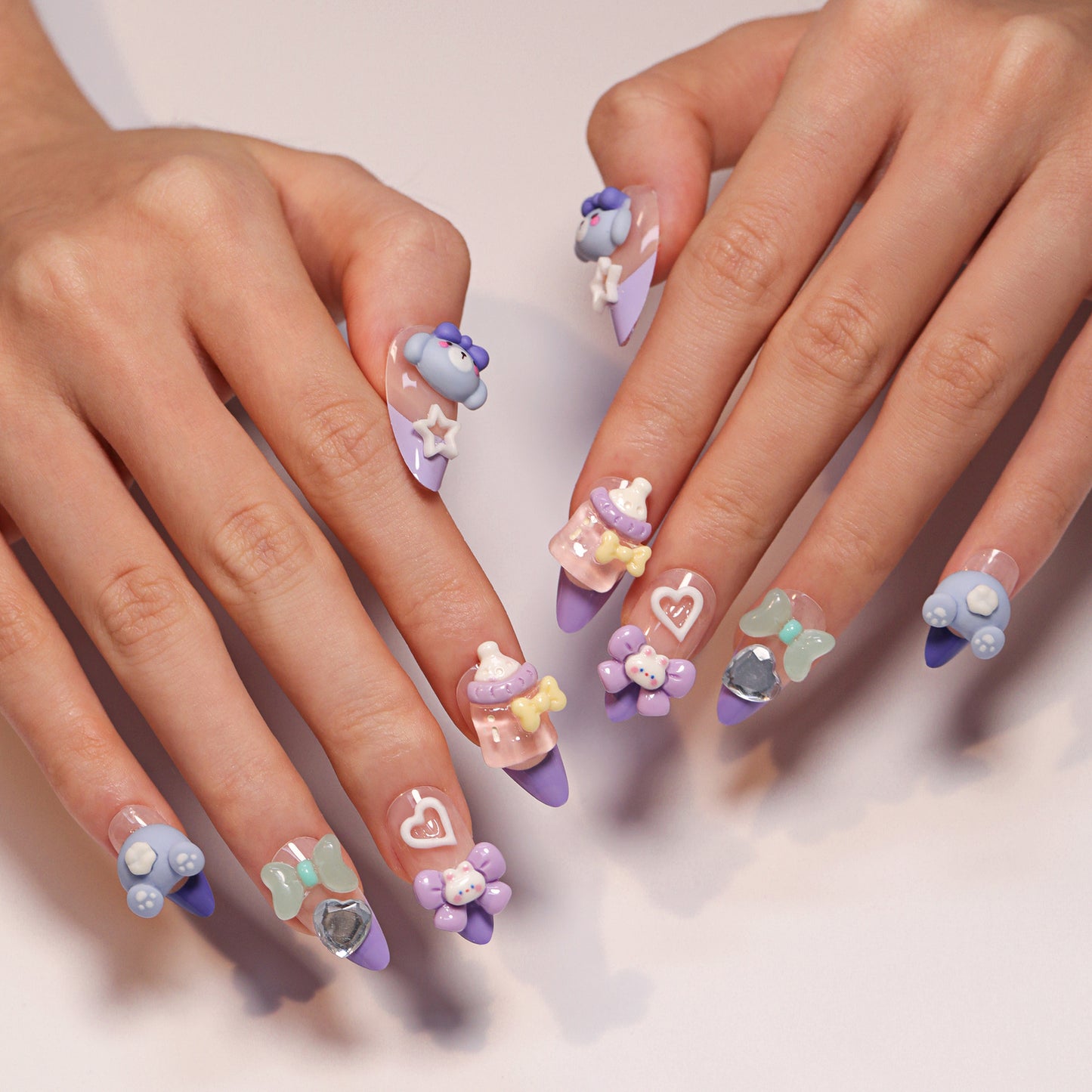 3D Lavender Teddy Bear Almond 24PCS Free Size Press on Nails JP2799