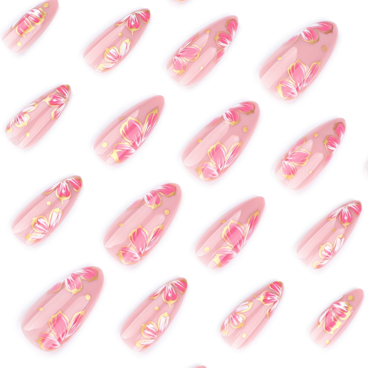 Gilded Pink Flowers Almond 24PCS Free Size Press on Nails JP3734